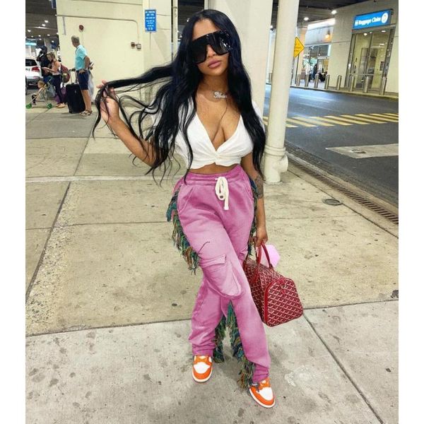 

women's pants & capris solid color sweat fashionable streetwear green black pink drawstring pockets straight tassel trousers 1 piece se, Black;white