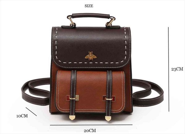 

women little bee vintage pu leather backpack simple preppy style famous college