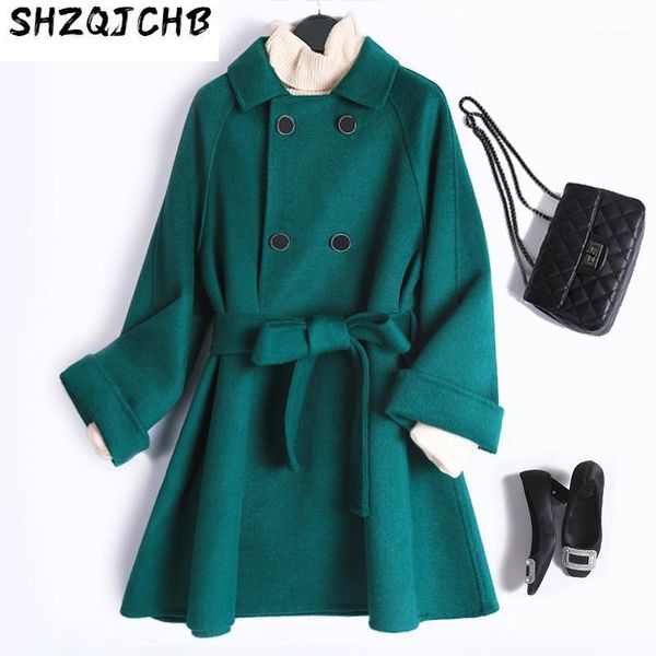 

100% wool coat spring double-sided cashmere for women winter autumn belt beige coats mid long size overcoat women's & blends, Black