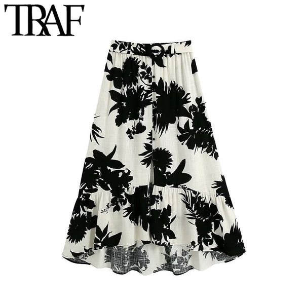 TRAF Mulheres Chic Moda com Cinto Impresso Assimétrica Midi Saia Vintage Bainha Ruffled Frente Saias Femininas Mujer 210415