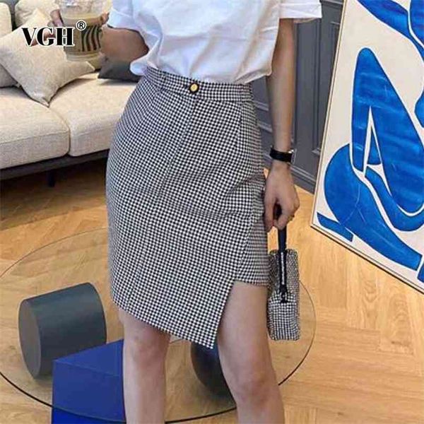 

elegant plaid skirt for women high waist asymmetrical hit color side split slim skirts female summer fashion clothes stylish 210531, Black
