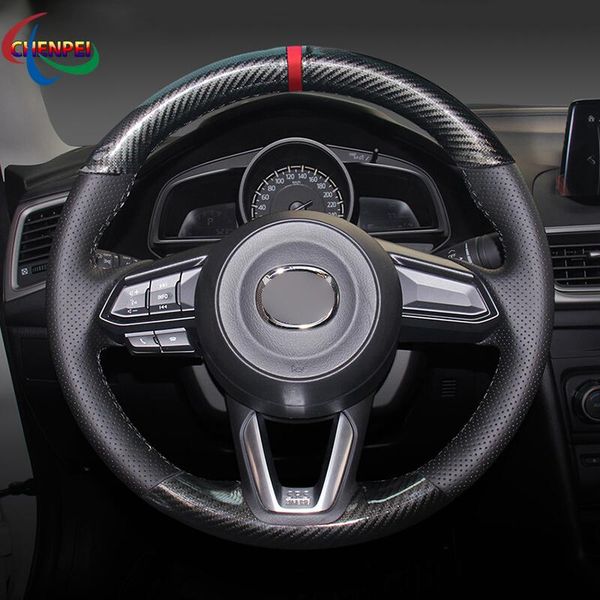 

steering wheel covers diy anti-slip pu carbon fiber leather cover for 3 cx-5 2021 cx-9 car interior decoration