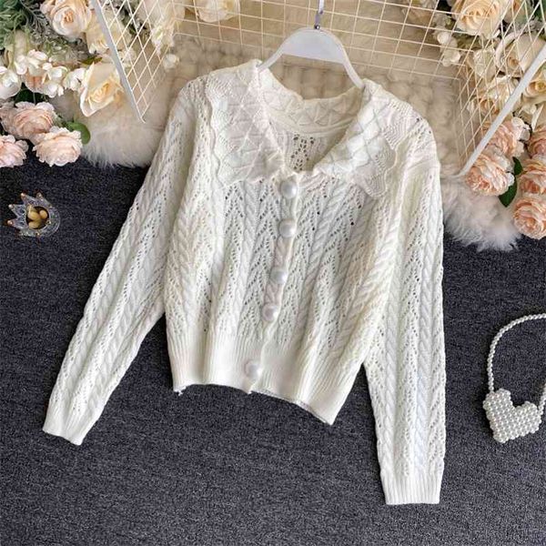 

autumn elegant lady turn-down collar single breasted sweater vintage knitted cardigan coat 210430, White