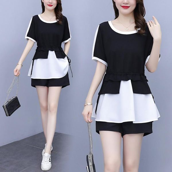 

women's tracksuits short sleeved round neck, tight tie, splicing, high waist, loose shorts, fashion, summer wear, 2-piece casual wear, Gray