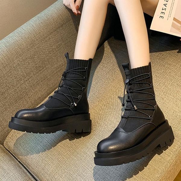 

boots sarairis fashion ladies autumn ankle women round toe platform chunky heels thick sole shoelace shoes woman 6s5x, Black