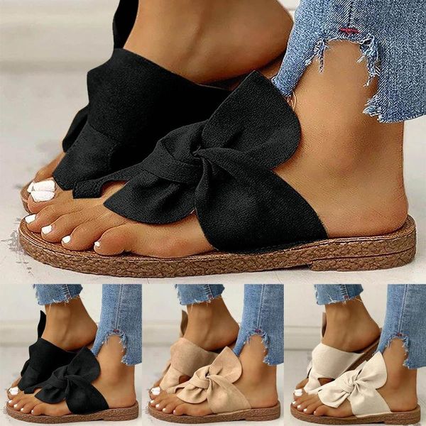 

slippers fashion sandals women 2021 open toe slide bow-knot comfy low heeled shoes chaussure femme, Black