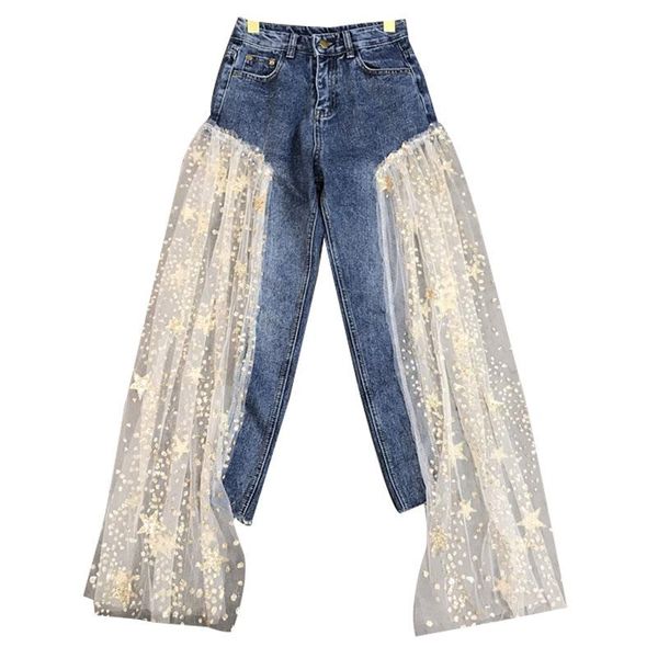 

women fashion arrived side opening stitching stars mesh sequins trend jeans luxury bingbing women's, Blue