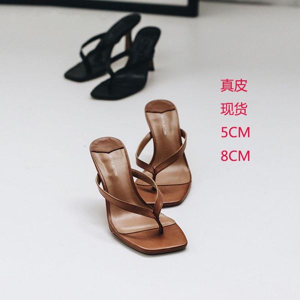 

slippers black clip toe sandals women's word drag high heel thin foot wear fashion versatile square head cool