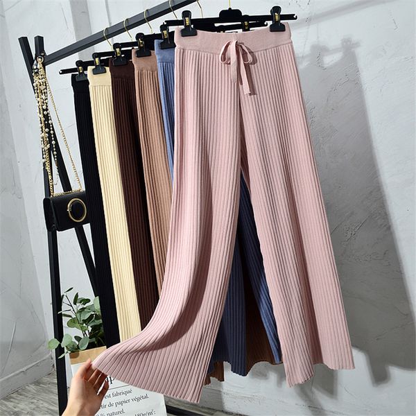 

women's pants & capris spring summer cool chic draw strings knitted wide leg ankle length for women female loose casual rib knit t, Black;white