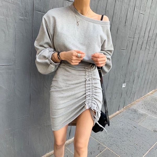 

casual dresses fashion women vintage gray drawstring dress bodycon mini female lantern sleeve o neck spring summer, Black;gray