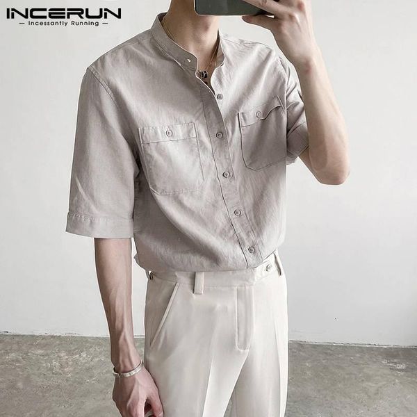 

men's casual shirts men shirt cotton stand collar short sleeve pockets solid streetwear fashion blouse button camisas hombre incerun 7, White;black