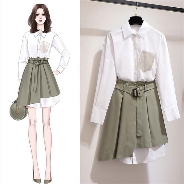 

spring 2 piece sets womens tracksuits outfits long sleeve white blouse irregular sashes skirts female pieces shirt and skirt, Gray