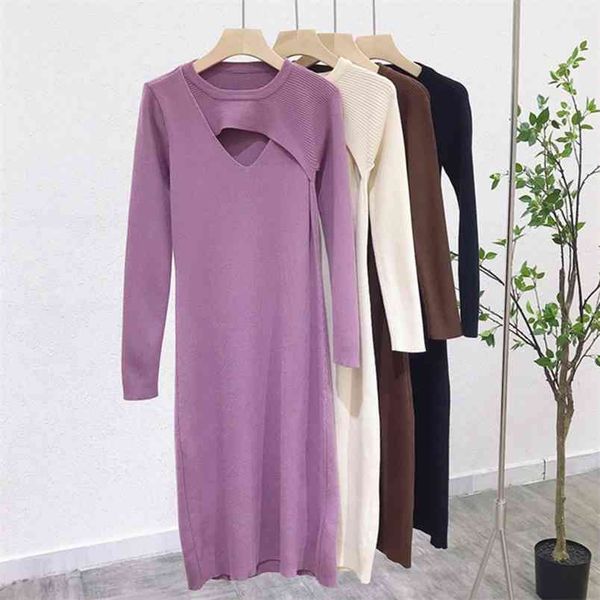 

autumn winter knitted sweater dress women chic hollow out slim vestidos robe femme bodycon long 210514, Black;gray
