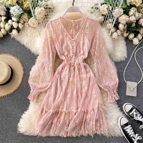 

lady chic dress women's fashion v-neck sweet wooden ear high waist slim lace elegant vestidos n858 210527, Black;gray