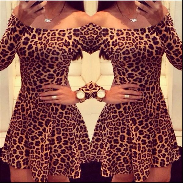 

leopard women dresses long sleeve mini dress summer autumn off the shoulder bodycon sheath party club plus size 3xl, Black;gray