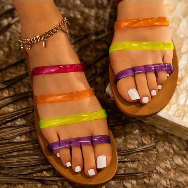 

slippers colorful jelly strappy flat women summer shoes, Black
