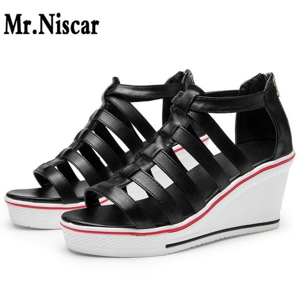 

hollow out wedge sandals summer women heel zipper platform shoes woman thick gladiator height increase 8cm, Black
