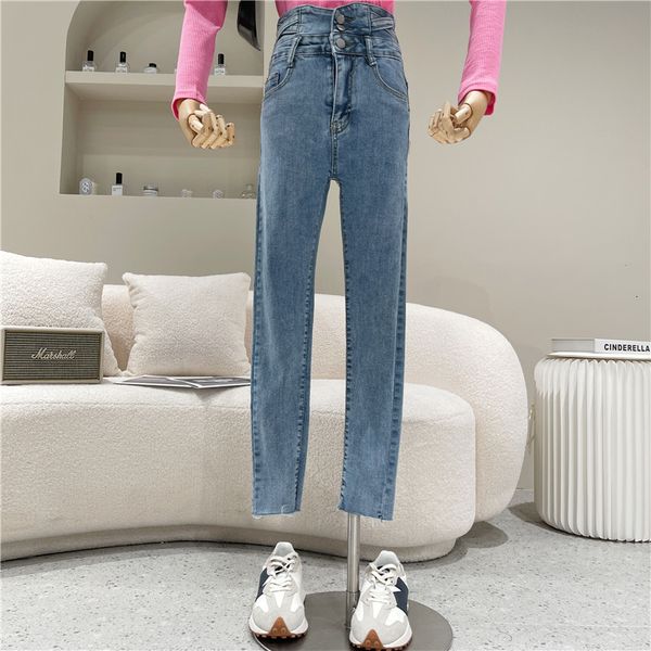 

jeans women's spring niche design hip high waist retro denim breeches in a straight line skinny black leg pants trousers, Blue