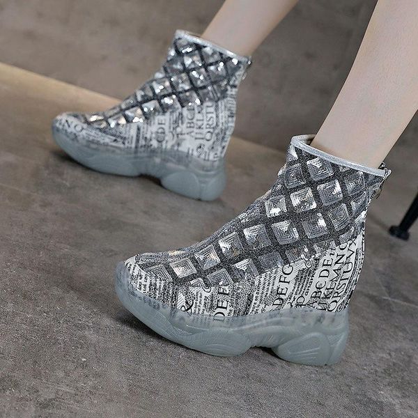 

boots spring 2021 women's short british style breathable thick sole fashion bling shoes size 34-39, Black