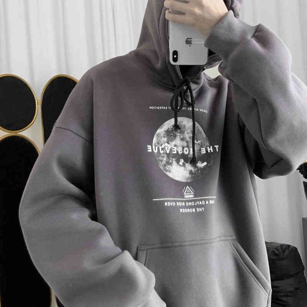 

autumn and winter plush thickened printed hoodie men's korean loose fashion casual hoodie coat, Black