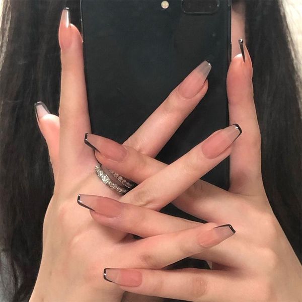 

false nails 24pcs black french detachable wearable fake full cover nail art tips press on supplies for professionals, Red;gold