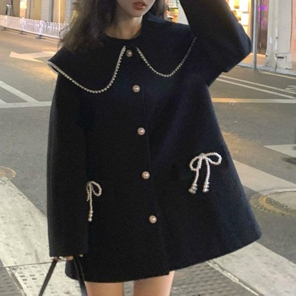 

japanese cute kawaii lolita girl black wool coat gentle sweet fairy preppy style bowknot bandage soft sister chic women outwear women's