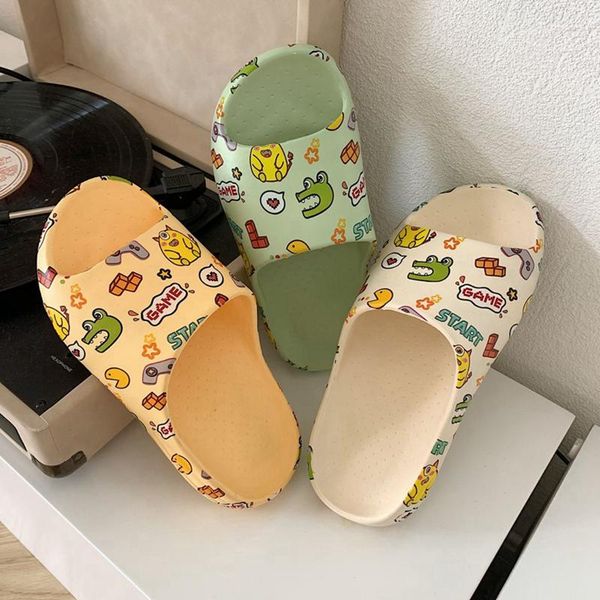 

slippers women thick platform lovely cartoon pattern summer beach eva soft sole slide flat heel leisure bathroom anti-slip shoes, Black