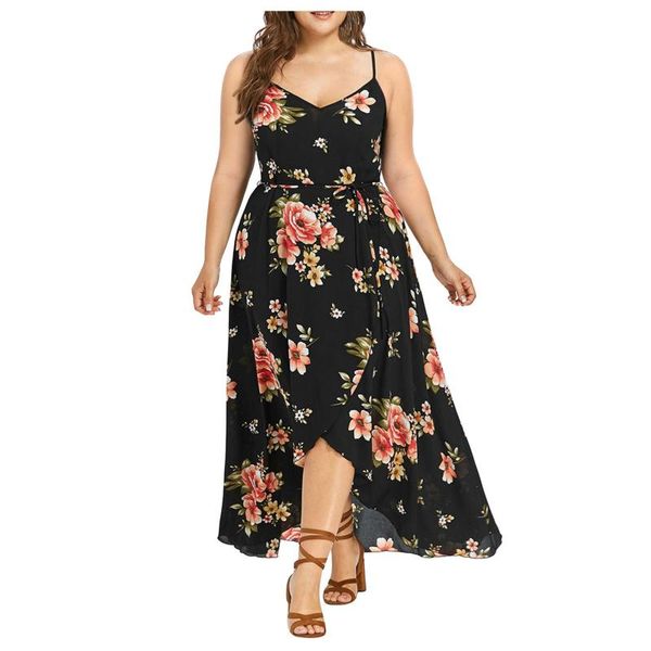 

plus size maxi dresses summer women casual sleeveless boho flower print spaghetti strap dress fashion female beach dreses#35, Black;gray