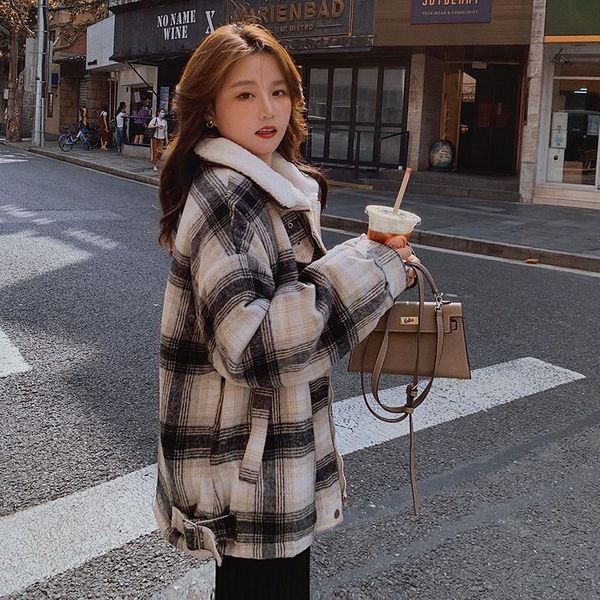 

women's wool & blends lxcx 2021 autumn winter women vintage plaid fashion version of lamb plush woolen coat outwear, Black