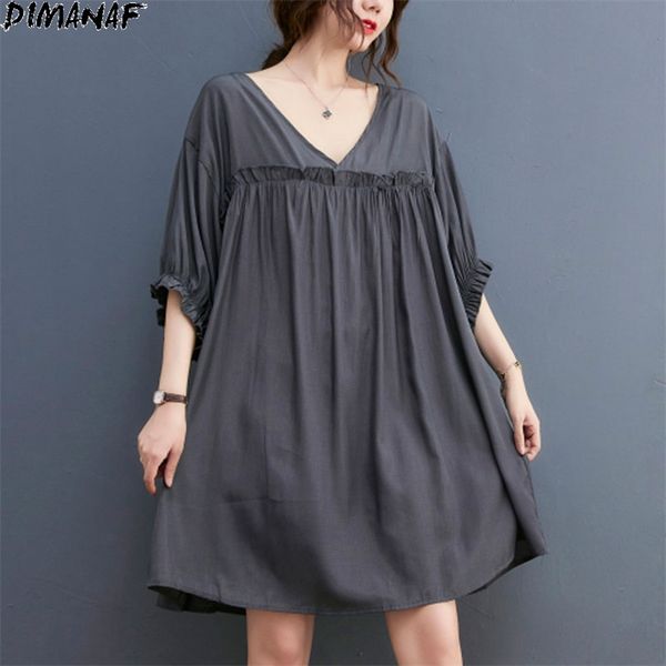 

plus size women chiffon solid shirt dress v-neck basic summer style black patchwork loose casual thin female dresses 210531, Black;gray