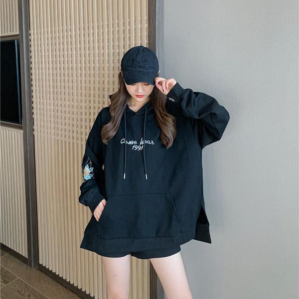 

women's hoodies & sweatshirts 2021 spring and autumn plus size mid-length embroidery black hooded pullover