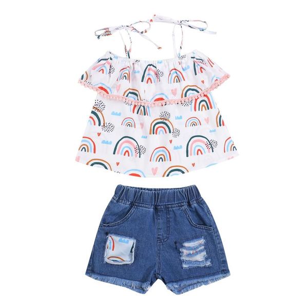 

clothing sets 2021 1-6y toddler girls clothes set rainbow print off-shoulder tie-up with tassels+patch ripped short denim pants summer, White
