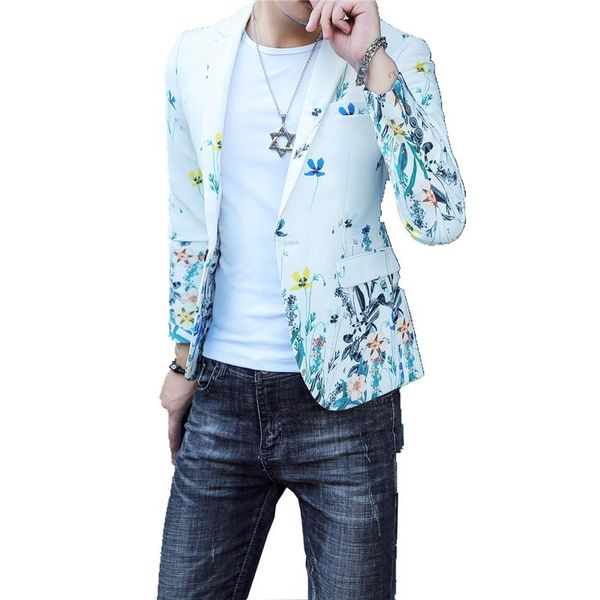 

men's suits & blazers men printed autumn long-sleeved suit jackets slim design flower coats male fashion blazer, White;black