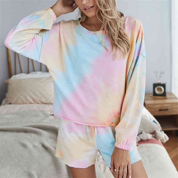 

casual long sleeve women's two piece suit autumn elastic waist tie-dye leisure pajamas set women 2 set o-neck 210517, White