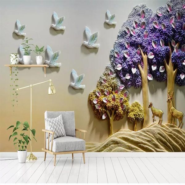 

wallpapers drop custom murals wallpaper 3d stereo relief tree birds po wall painting tv sofa home decor background walls
