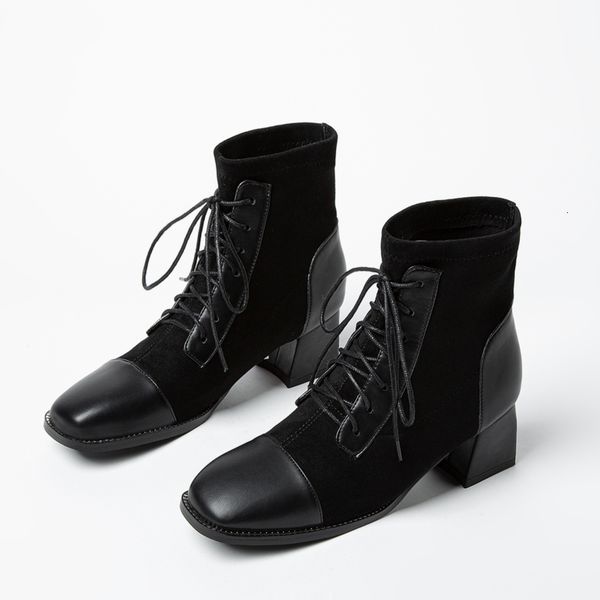 

boots meotina women short shoes round toe chunky heels ankle lace up high heel ladies autumn winter black size 33-461 h5pk