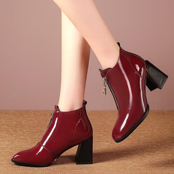 

boots women leather 2021 patent square high heel booties ankle black wine red ladies plus size