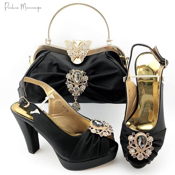 

dress shoes fashionable african crystal style and bag set in black color nigerian with matching bags for royal wedding party