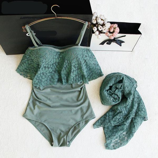 

green one-piece swimsuit women feeling lace wrap skirt vintage push up monokini 2021 bodysuit swimwear beach retro bathing suits