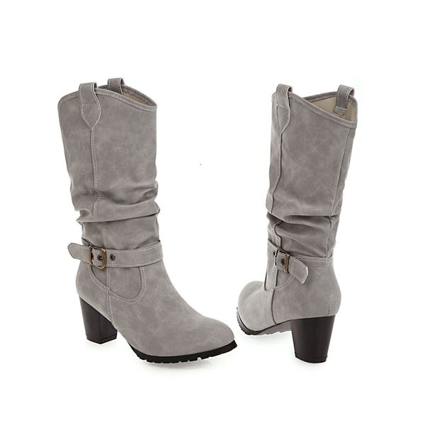 

boots casual round toe motorcycle fashion buckle pleated beige gray black brown high heel thick mid-calf women's shoes 068v