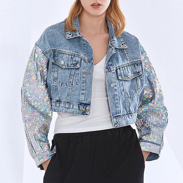 

women's jackets new spring sequins women's cut-up jacket splicing short cropped coat denim gothic clothes ze5k, Black;brown