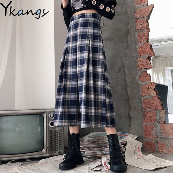 Primavera verão novo gótico longo xadrez saias vintage midi saia plissada coreano harajuku punk meninas a linha saia saia 210412