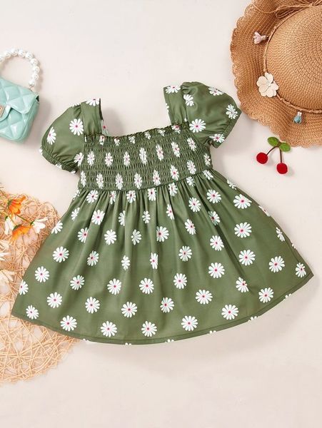 

baby floral print puff sleeve shirred dress she, Red;yellow