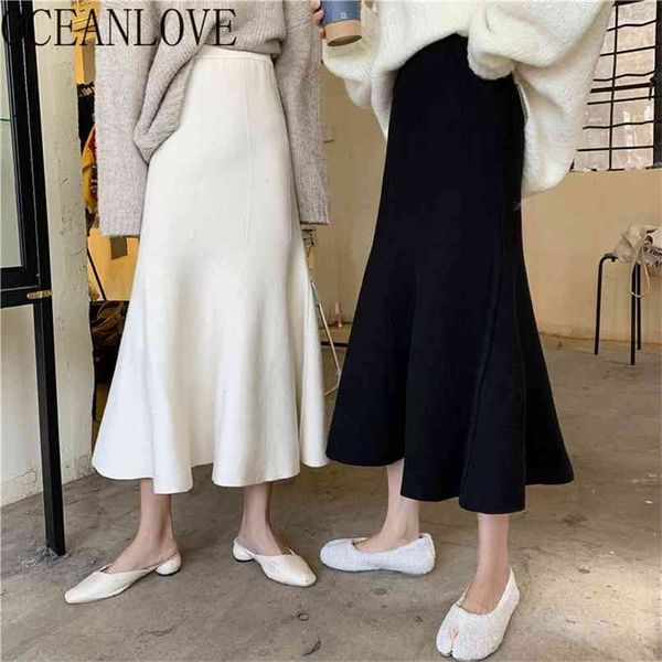 

oceanlove high waist knitted women skrits solid fashion mermaid elegant mujer faldas korean autumn winter long skirt 17392 210708, Black