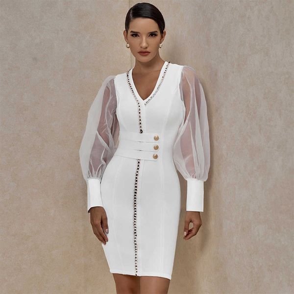 

2021ocstrade bandage long sleeve party 2021 new arrival fall winter mesh white outfits for women bodycon dress club, Black;gray