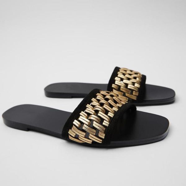 

summer style flat slippers sandals ladies gold woven beach fashion vacation, Black