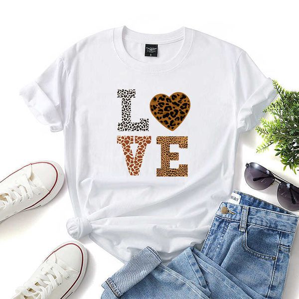 

100% cotton leopard letter women t-shirt fashion casual o-neck short sleeve oversized female tee w678 210526, White