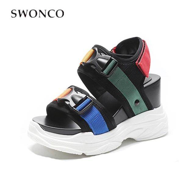 

dress shoes swonco 8 cm sandals women summer blue wedge platform casual female 2021 buckle lady white shoe, Black