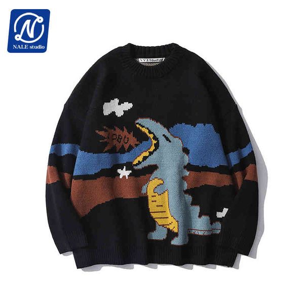 

cartoon dinosaur jacquard harajuku pullover knit sweater 2021 mens japan style crewneck knitwear sweaters streetwear loose, Black