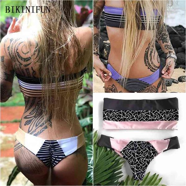 Sexy Branble Bandeau Bikini Женщины Купальник на полоску Лоскутное Купальник S-XL Низкая Талия Бездомные Купальники Девушка набор 210621